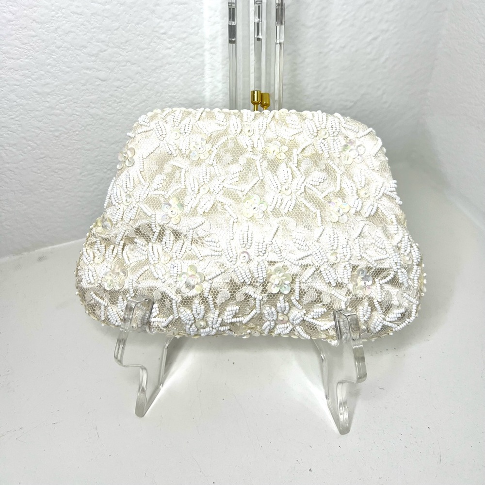Vintage La Regale Pearl Seed Bead White Bride Clutch